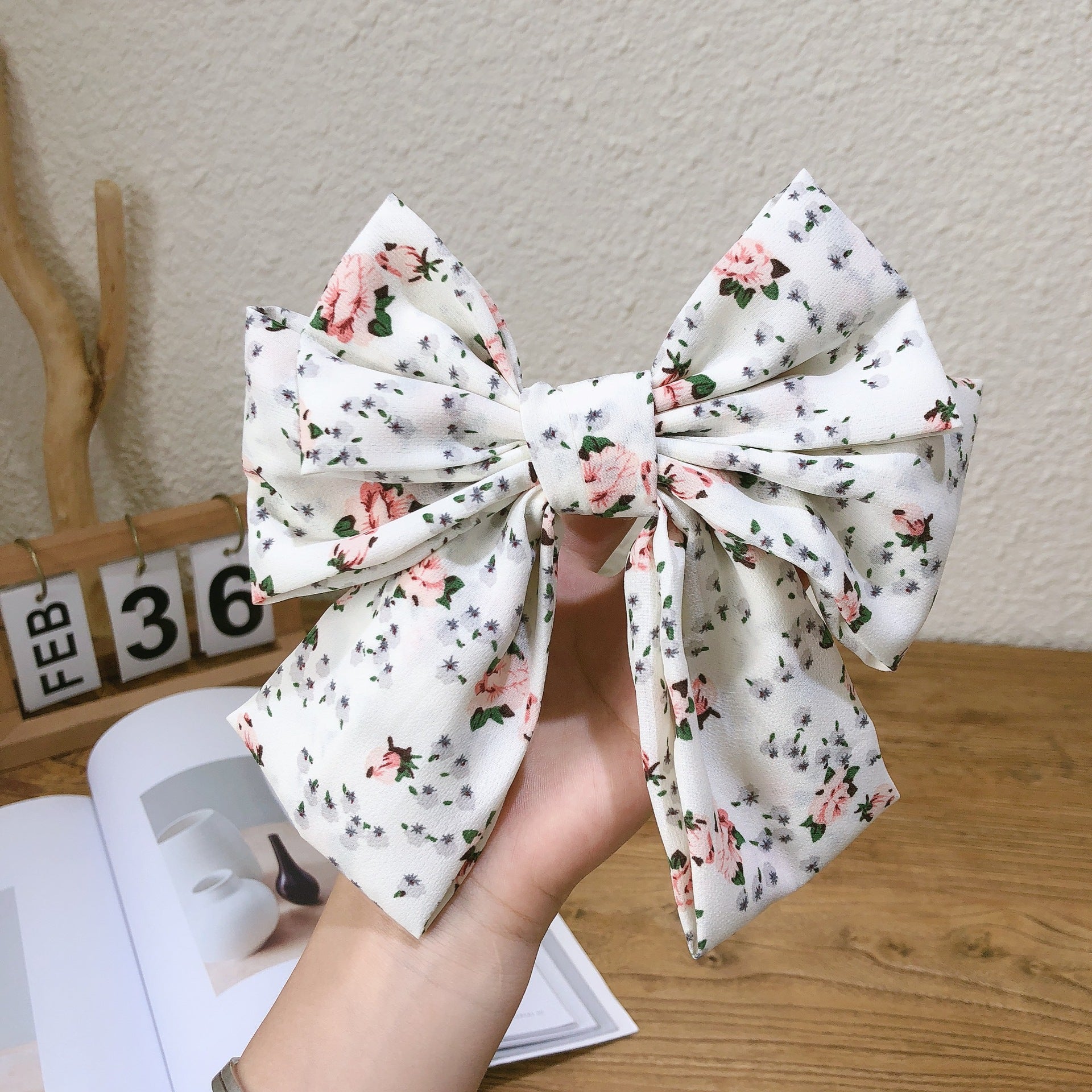 Wholesale Three-layer Floral Large Bow Fabric Chiffon Back Head Spring Clip